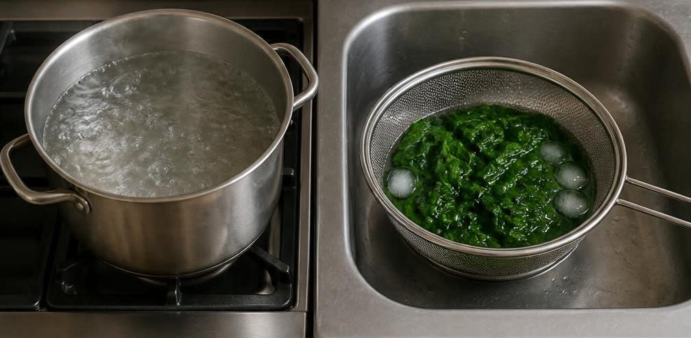 Cremiges Rührei auf blanchiertem Blattspinat – Zubereitung Schritt für Schritt – Spinat blanchieren