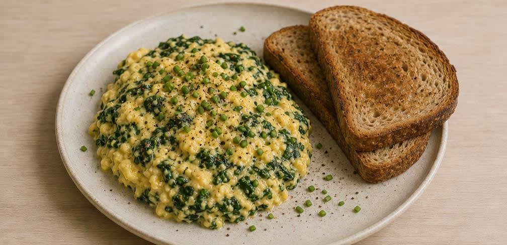 Cremiges Rührei auf blanchiertem Blattspinat – Zubereitung Schritt für Schritt – Anrichten