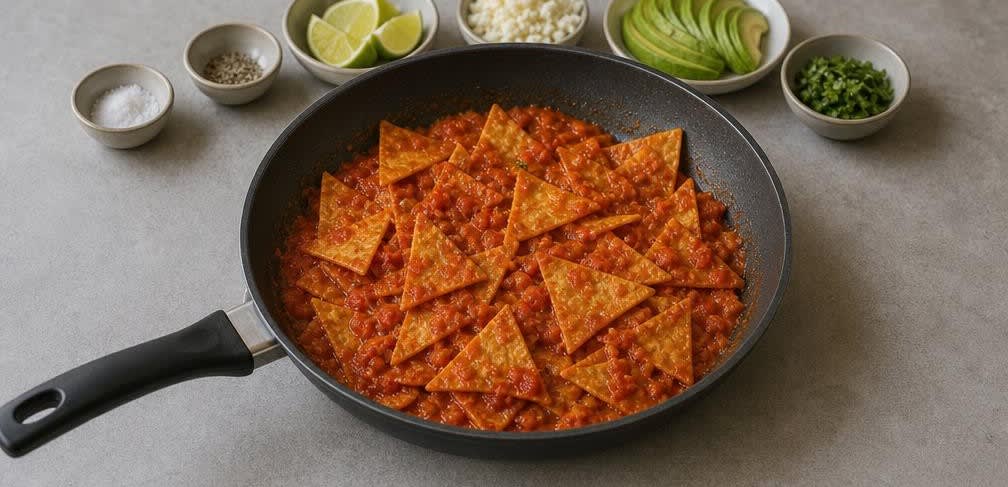 Chilaquiles mit selbst gebackenen Maistortilla-Chips – Zubereitung Schritt für Schritt – Chips in Salsa schwenken