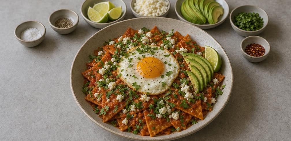 Chilaquiles mit selbst gebackenen Maistortilla-Chips – Zubereitung Schritt für Schritt – Anrichten