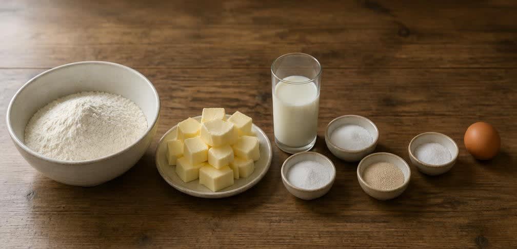 Französische Butter-Croissants mit klassischer Tourierung – Zutaten bereitstellen