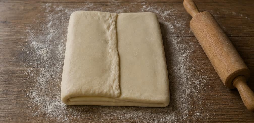 Französische Butter-Croissants mit klassischer Tourierung – Zubereitung Schritt für Schritt – Butter in Teig einschlagen