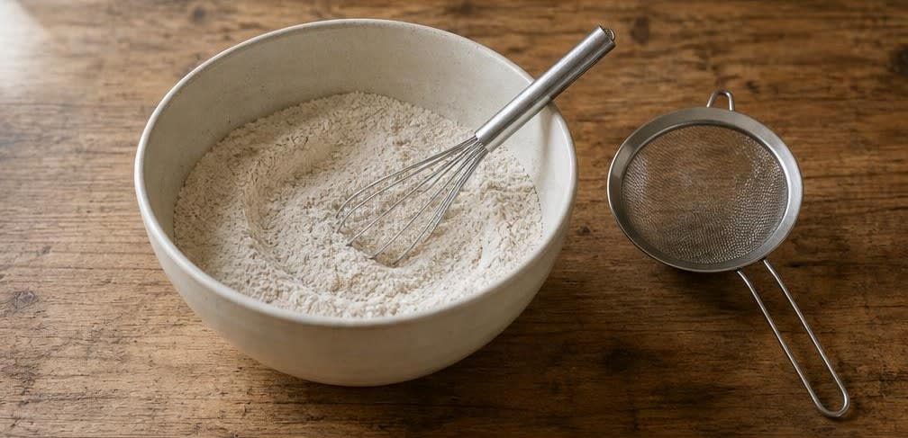 Fluffige Pancakes aus ungebleichtem Mehl mit Ahornsirup – Zubereitung Schritt für Schritt – Trockene Mischung herstellen