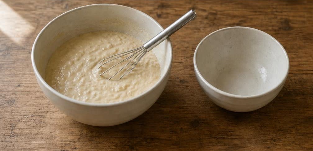 Fluffige Pancakes aus ungebleichtem Mehl mit Ahornsirup – Zubereitung Schritt für Schritt – Pancake-Teig verrühren