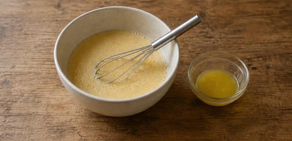 Fluffige Pancakes aus ungebleichtem Mehl mit Ahornsirup – Zubereitung Schritt für Schritt – Flüssige Mischung herstellen