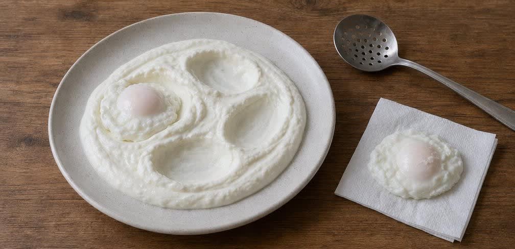 Çılbır, türkische pochierte Eier auf Knoblauch-Joghurt – Zubereitung Schritt für Schritt – Joghurt und Eier anrichten