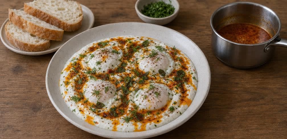 Çılbır, türkische pochierte Eier auf Knoblauch-Joghurt – Zubereitung Schritt für Schritt – Mit Paprikabutter und Kräutern garnieren