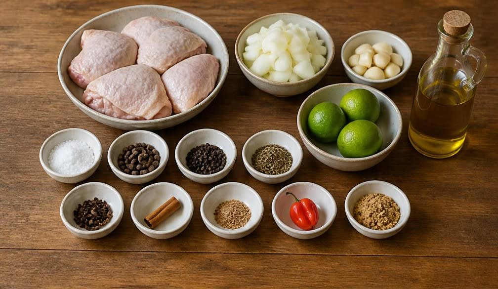 Karibisches Jerk Chicken mit frisch gemahlenen Gewürzen – Zutaten bereitstellen