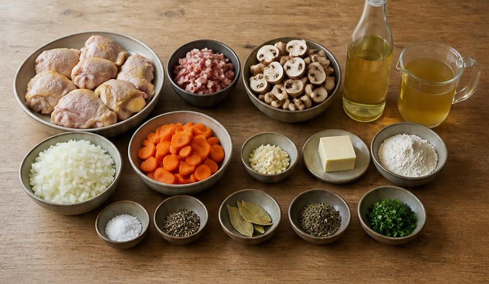 Coq au Vin mit ungeschöntem Wein – Zutaten