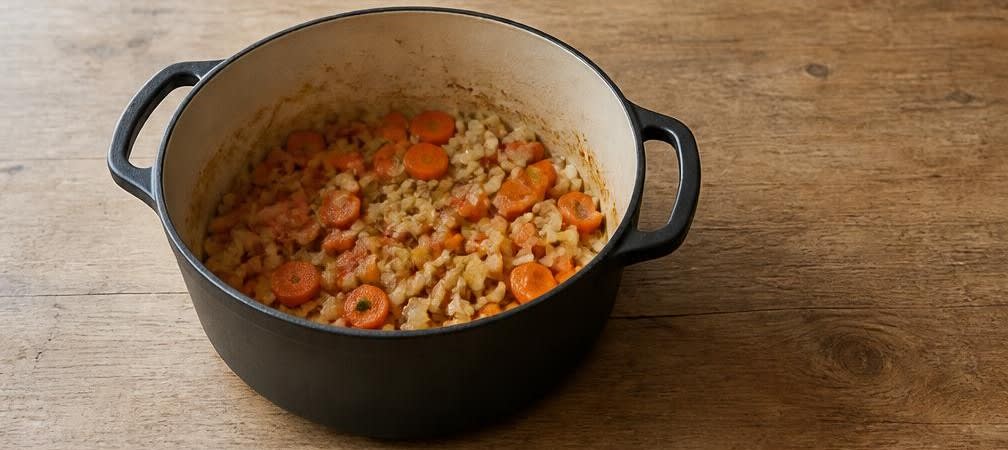 Coq au Vin mit ungeschöntem Wein – Zubereitung Schritt für Schritt – Gemüse anbraten