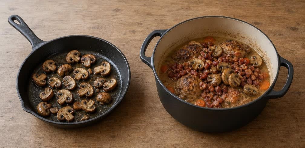 Coq au Vin mit ungeschöntem Wein – Zubereitung Schritt für Schritt – Champignons braten & Zugeben