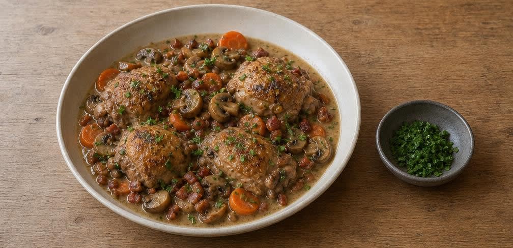 Coq au Vin mit ungeschöntem Wein – Zubereitung Schritt für Schritt – Anrichten