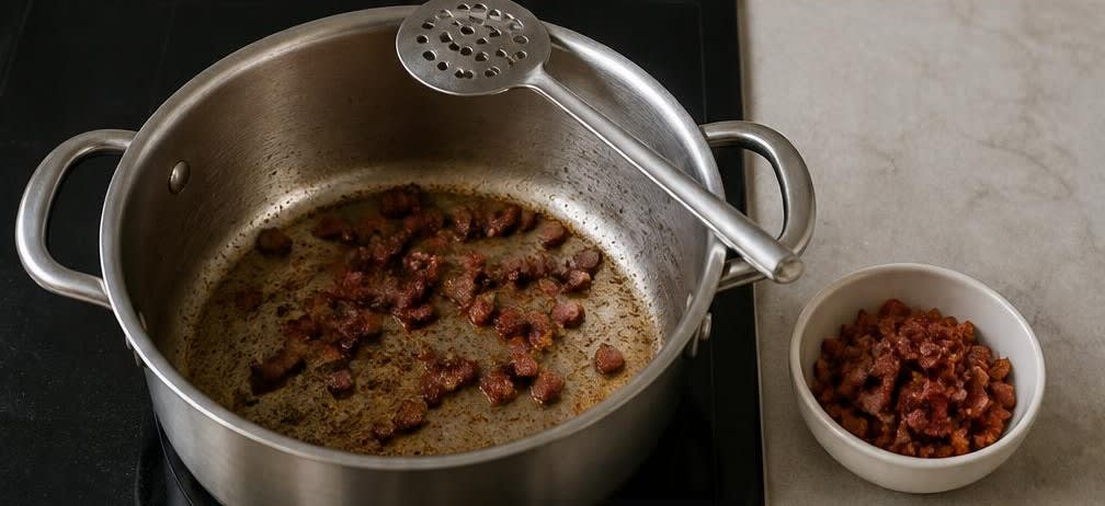 Cremiger New England Chowder mit nicht homogenisierter Sahne – Zubereitung Schritt für Schritt – Speck anbraten