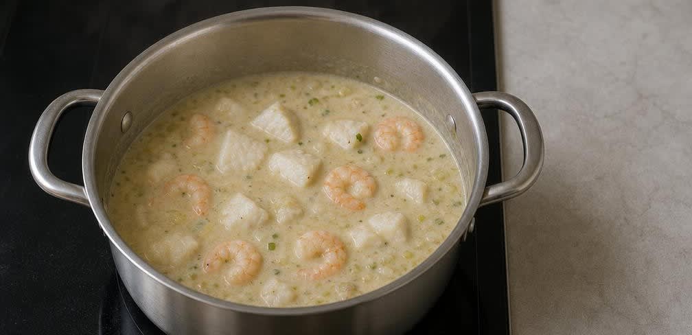 Cremiger New England Chowder mit nicht homogenisierter Sahne – Zubereitung Schritt für Schritt – Sahne und Fisch hinzufügen