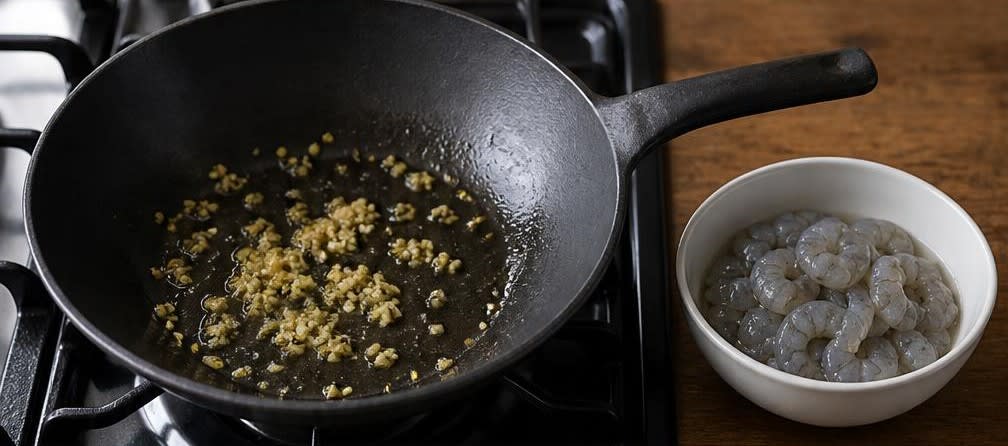 Garnelen mit Brokkoli und Knoblauch – Zubereitung Schritt für Schritt – Knoblauch, Ingwer und Garnelen anbraten