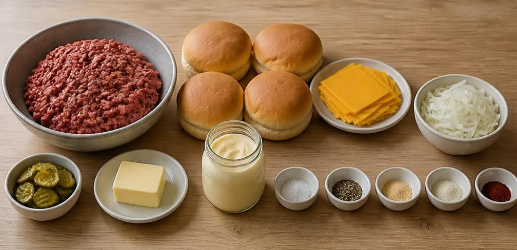 Smash Burger aus grob gewolftem Rind mit Cheddar – Zutaten