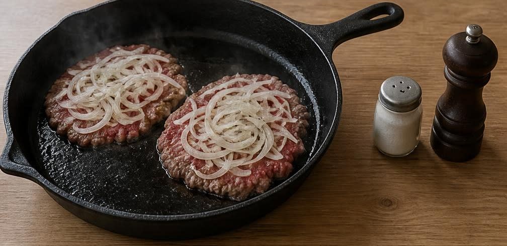 Smash Burger aus grob gewolftem Rind mit Cheddar – Zubereitung Schritt für Schritt – Zwiebeln und würzen