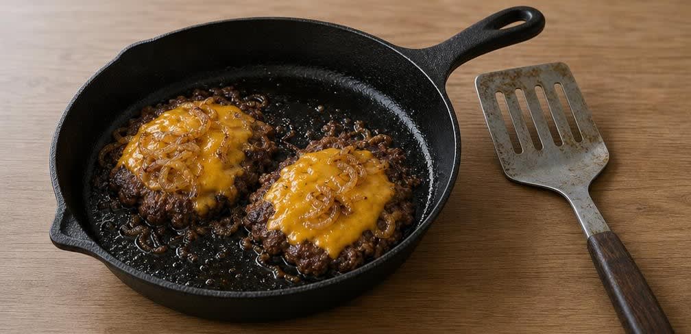 Smash Burger aus grob gewolftem Rind mit Cheddar – Zubereitung Schritt für Schritt – Patties wenden und Käse schmelzen