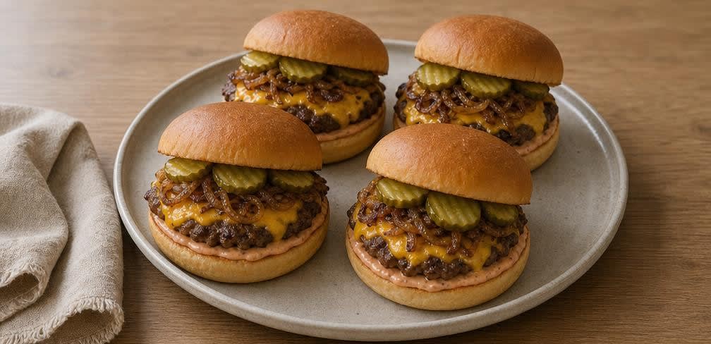 Smash Burger aus grob gewolftem Rind mit Cheddar – Zubereitung Schritt für Schritt – Burger anrichten