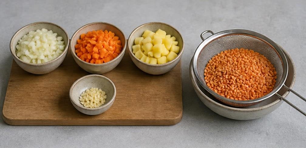 Klassische Mercimek Çorbası mit frischer Zitrone und Minze – Zubereitung Schritt für Schritt – Gemüse vorbereiten