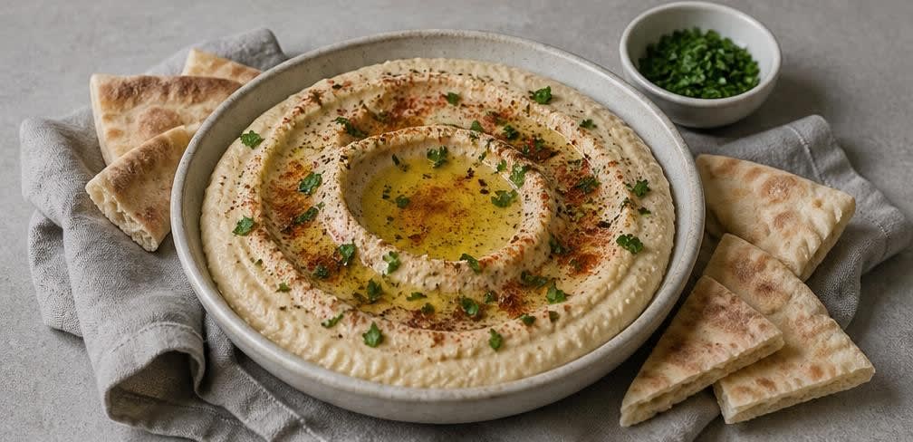 Cremiger libanesischer Hummus aus eingeweichten Kichererbsen – Zubereitung Schritt für Schritt – Anrichten