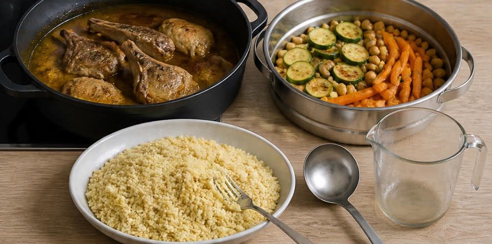 Couscous Royale mit gedämpftem Gemüse – Zubereitung Schritt für Schritt – Couscous quellen lassen