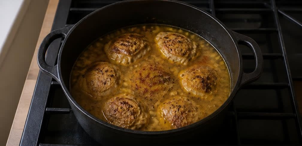 Marokkanische Hähnchen-Tajine mit Salzzitronen und Oliven – Zubereitung Schritt für Schritt – Flüssigkeit hinzufügen