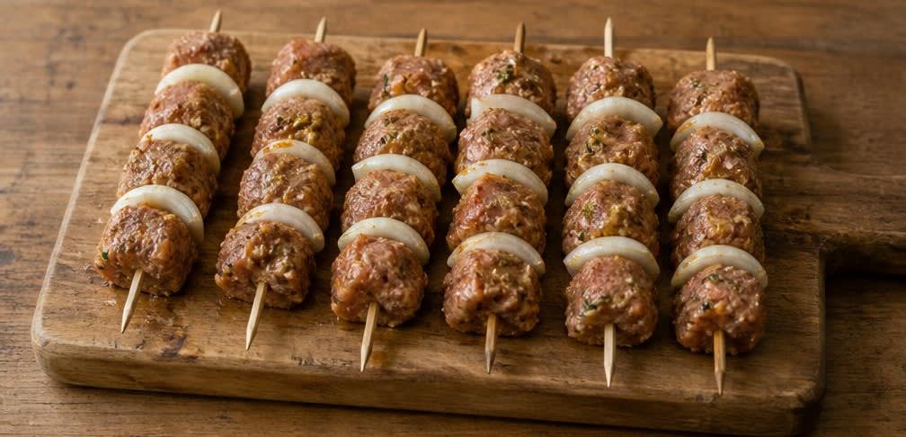 Griechische Schweinenacken-Souvlaki mit frischem Tzatziki – Zubereitung Schritt für Schritt – Spieße stecken