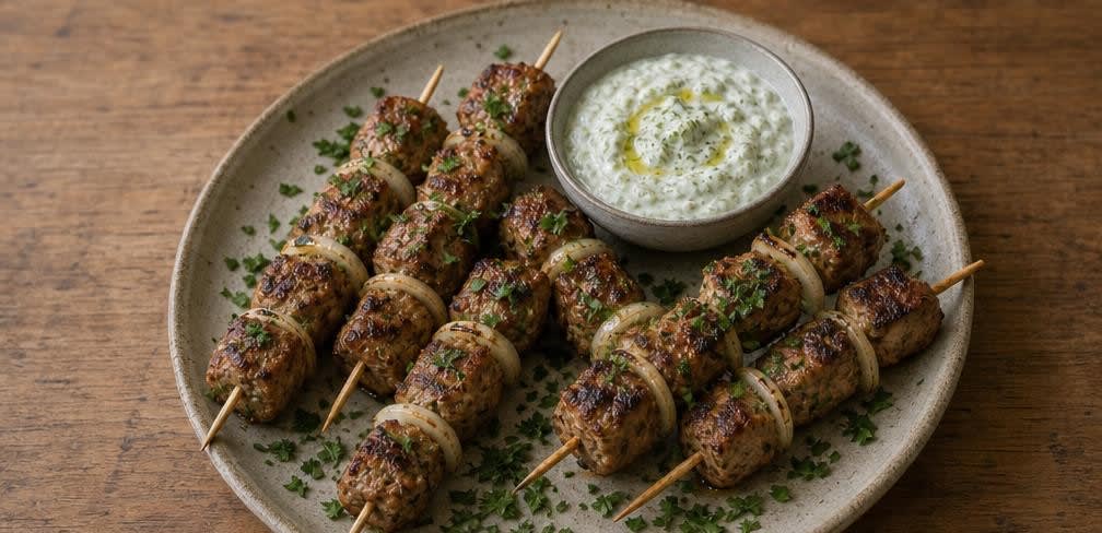 Griechische Schweinenacken-Souvlaki mit frischem Tzatziki – Zubereitung Schritt für Schritt – Anrichten