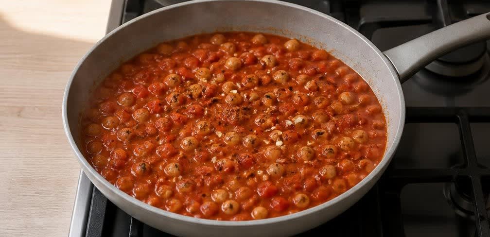 Tunesische Shakshuka mit Kichererbsen – Zubereitung Schritt für Schritt – Sauce einkochen