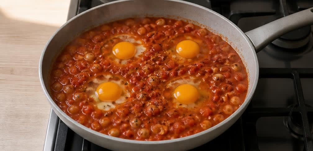 Tunesische Shakshuka mit Kichererbsen – Zubereitung Schritt für Schritt – Eier in die Sauce geben