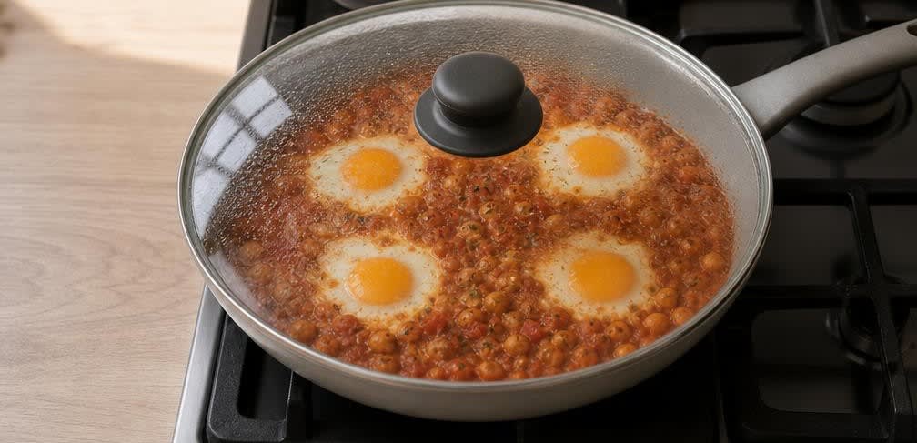 Tunesische Shakshuka mit Kichererbsen – Zubereitung Schritt für Schritt – Eier stocken lassen
