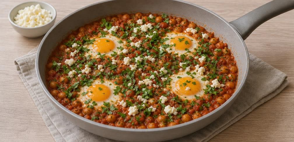 Tunesische Shakshuka mit Kichererbsen – Zubereitung Schritt für Schritt – Anrichten