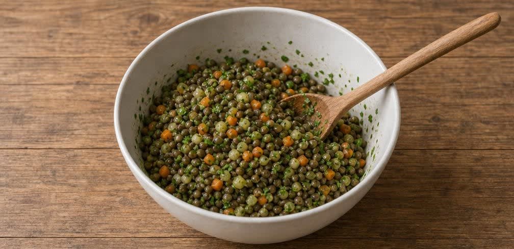 Französischer Linsensalat nach Puy-Art mit Möhren – Zubereitung Schritt für Schritt – Petersilie unterheben