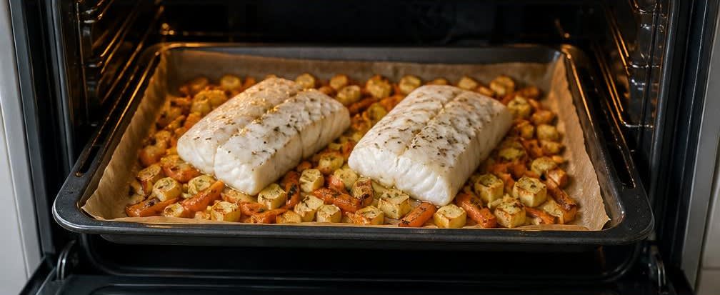 Skandinavischer Kabeljau auf geröstetem Ofen-Wurzelgemüse – Zubereitung Schritt für Schritt – Fisch und Gemüse fertig garen