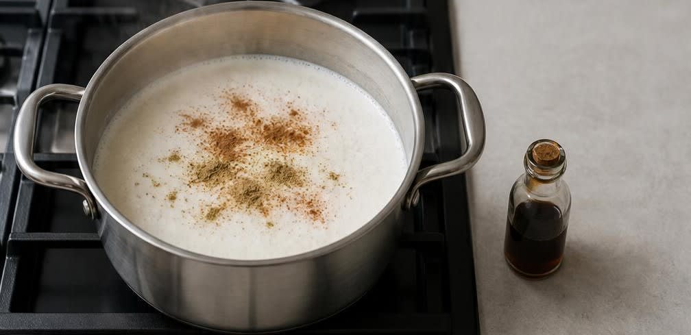 Marokkanischer Grießbrei mit karamellisierten Feigen und Mandeln – Zubereitung Schritt für Schritt – Gewürzte Milch kochen
