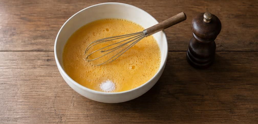 Persisches Dattel-Rührei mit brauner Butter und Kardamom – Zubereitung Schritt für Schritt – Eier verquirlen
