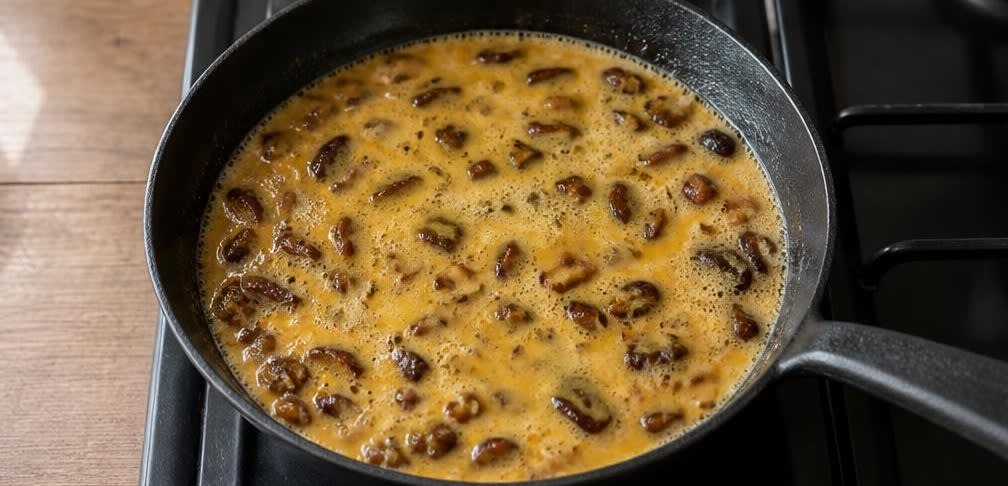 Persisches Dattel-Rührei mit brauner Butter und Kardamom – Zubereitung Schritt für Schritt – Eier dazugeben