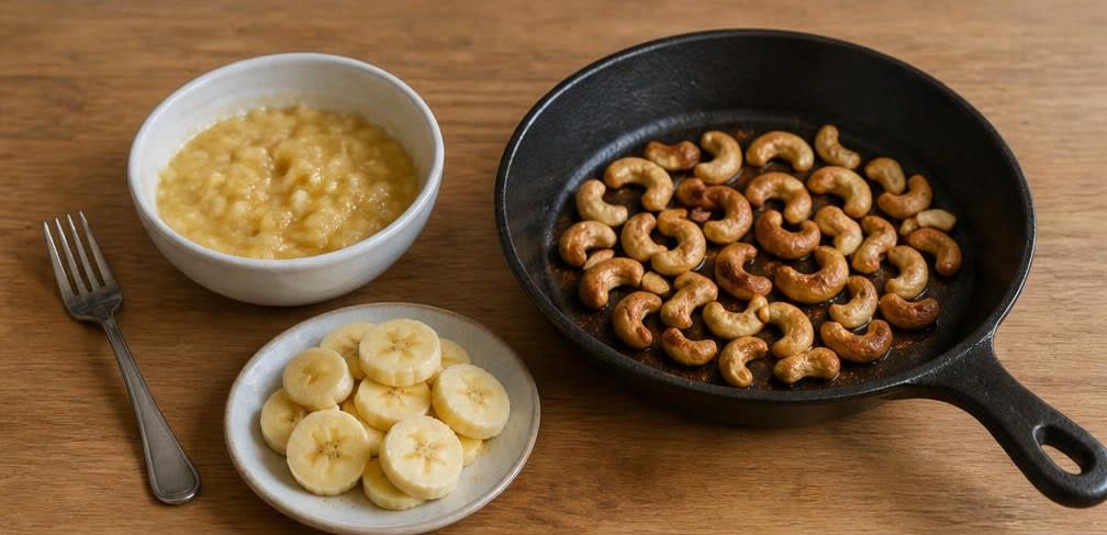 Peruanischer Quinoa-Frühstücksbrei mit Banane und Cashews – Zubereitung Schritt für Schritt – Bananenmus und Cashews rösten