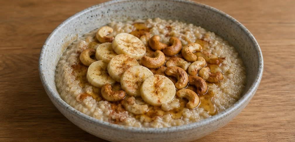 Peruanischer Quinoa-Frühstücksbrei mit Banane und Cashews – Zubereitung Schritt für Schritt – Anrichten und Servieren