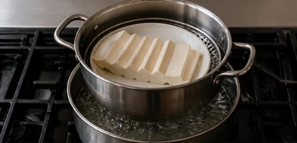 Gedämpfter Tofu mit Knoblauch-Sesam-Dressing – Zubereitung Schritt für Schritt – Tofu dämpfen