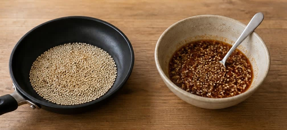 Gedämpfter Tofu mit Knoblauch-Sesam-Dressing – Zubereitung Schritt für Schritt – Sesam rösten und Dressing vollenden