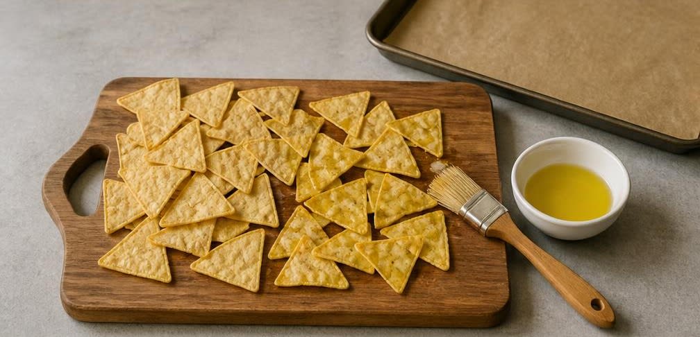 Knusprige Maistortilla-Chips mit frischer Tomaten-Salsa – Zubereitung Schritt für Schritt – Tortillas schneiden und ölen