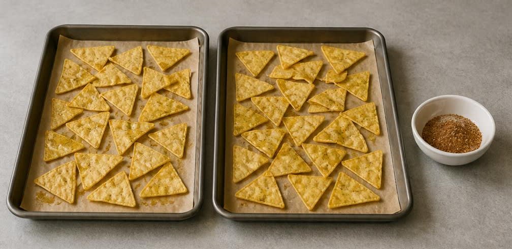 Knusprige Maistortilla-Chips mit frischer Tomaten-Salsa – Zubereitung Schritt für Schritt – Chips würzen und verteilen