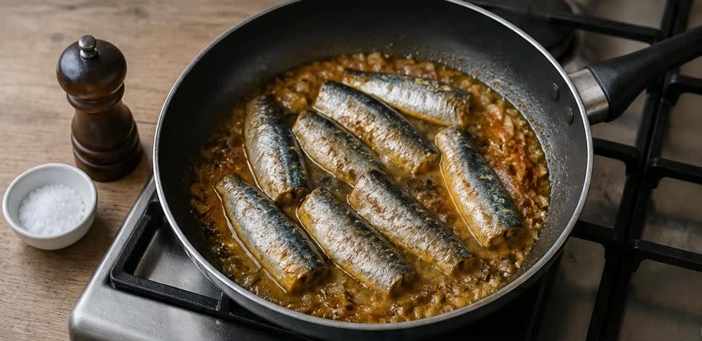 Gedünstete Sardinen auf portugiesischem Vollkornbrot – Zubereitung Schritt für Schritt – Sardinen dünsten