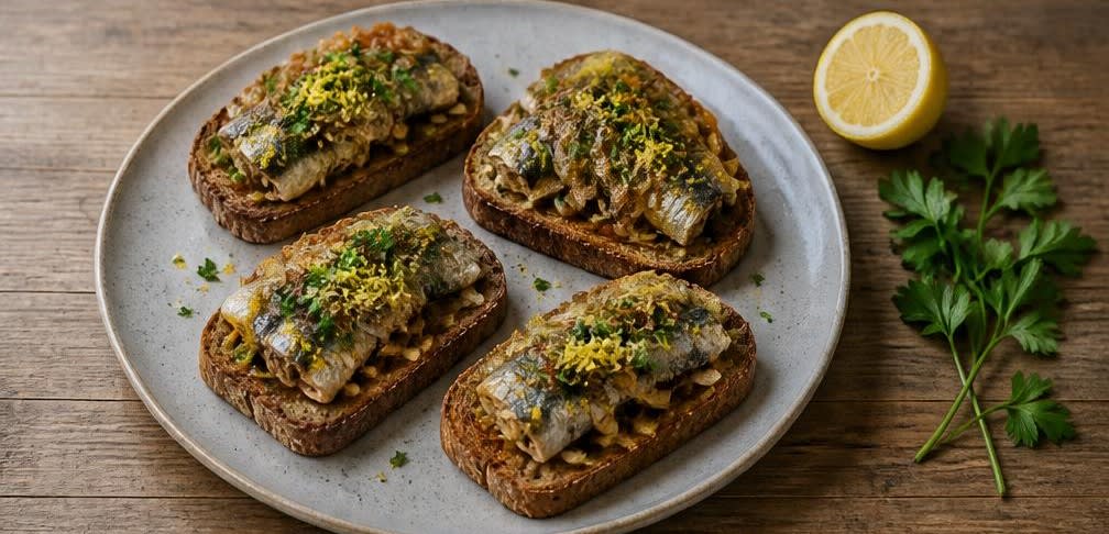 Gedünstete Sardinen auf portugiesischem Vollkornbrot – Zubereitung Schritt für Schritt – Anrichten