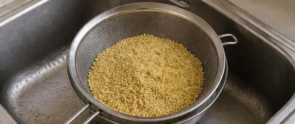 Österreichischer Hirsebrei mit gedünsteter Birne und Haselnüssen – Zubereitung Schritt für Schritt – Hirse waschen