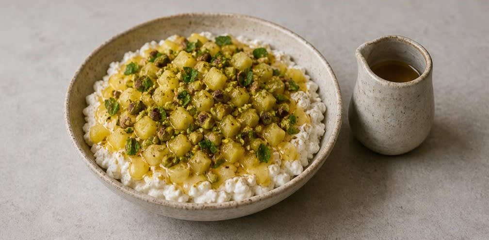 Hüttenkäse mit Ananas, Pistazien und Honig – Zubereitung Schritt für Schritt – Anrichten