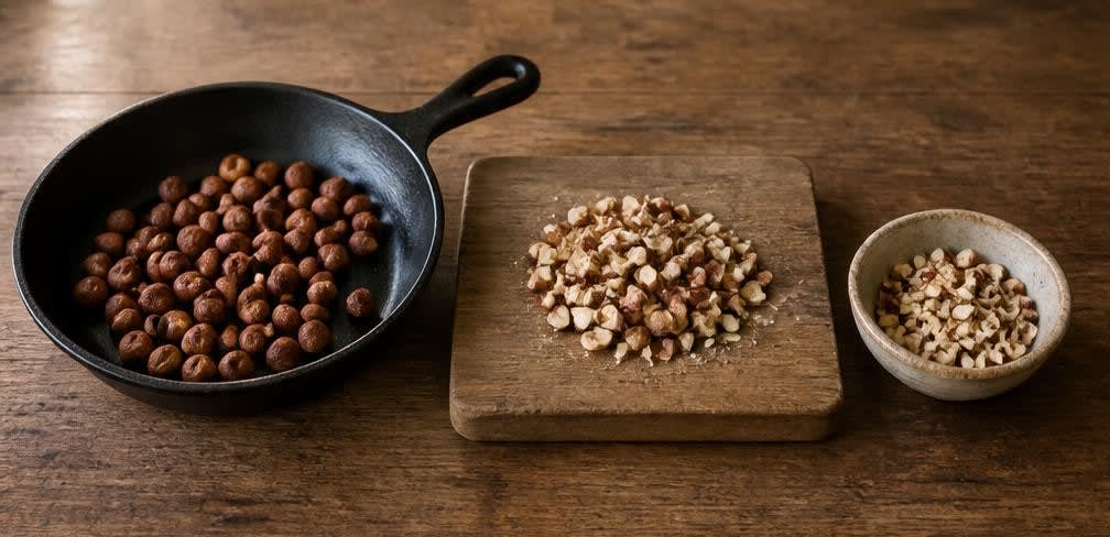 Warmes Hafer-Porridge mit Zimtpflaumen und Haselnüssen – Zubereitung Schritt für Schritt – Haselnüsse rösten und hacken