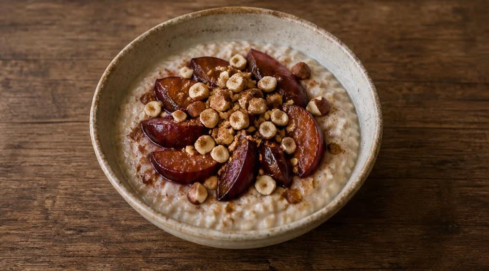 Warmes Hafer-Porridge mit Zimtpflaumen und Haselnüssen – Zubereitung Schritt für Schritt – Anrichten